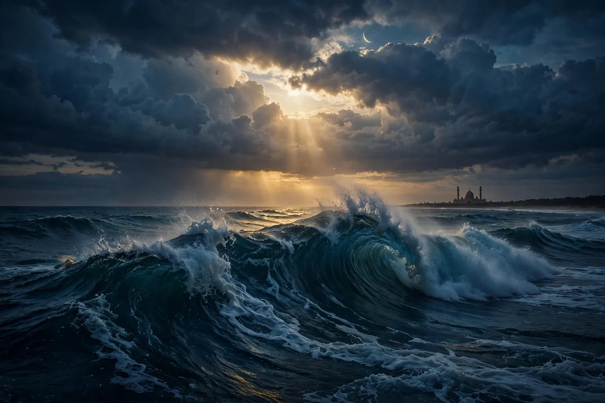 Dark ocean wave at dusk with light breaking through clouds