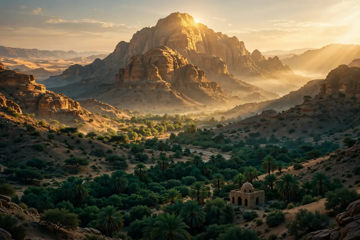 Desert mountain glowing at sunrise