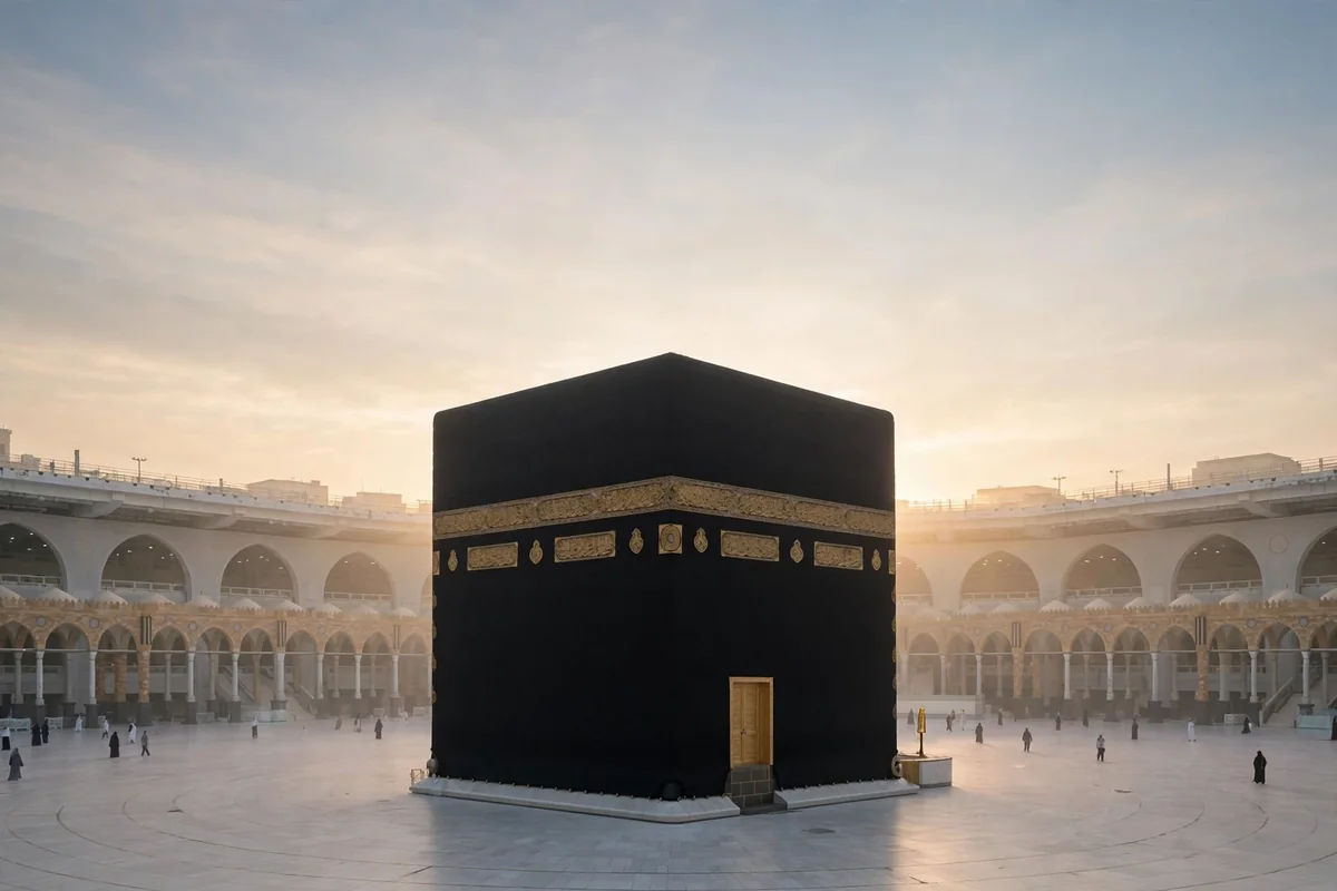 The Kaaba at dawn with pilgrims