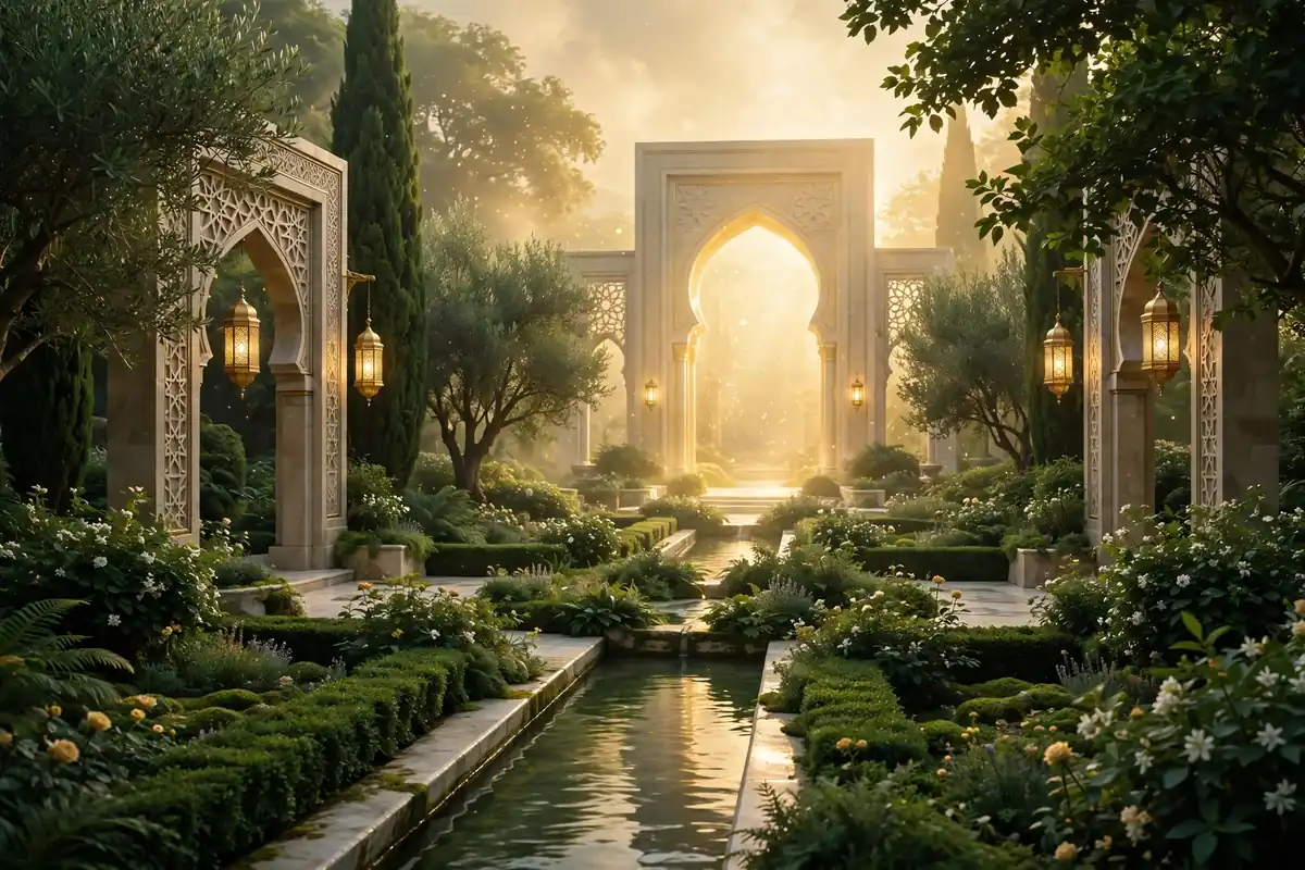 Lush green paradise-like garden with gates of light