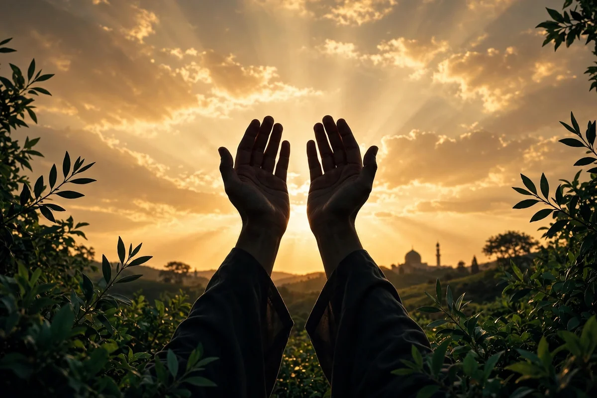 Hands raised in dua against a golden sunset sky