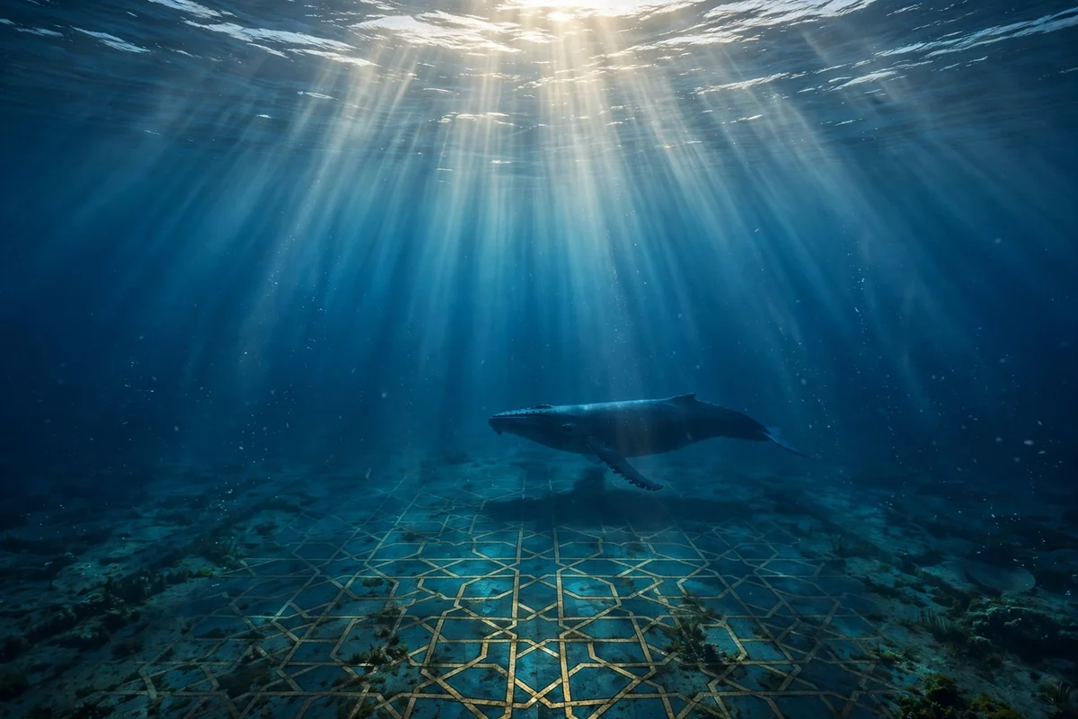 Whale silhouette swimming in the deep blue sea