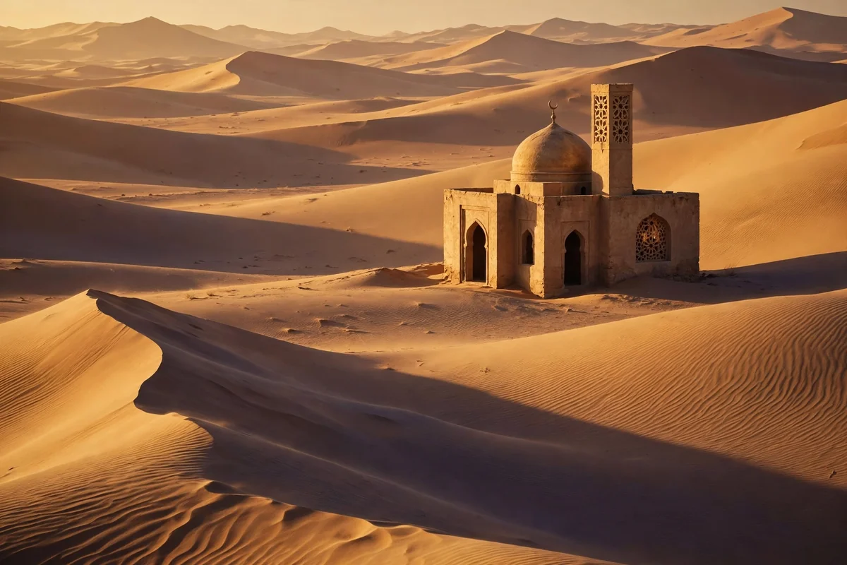 Vast desert dunes in dramatic golden light