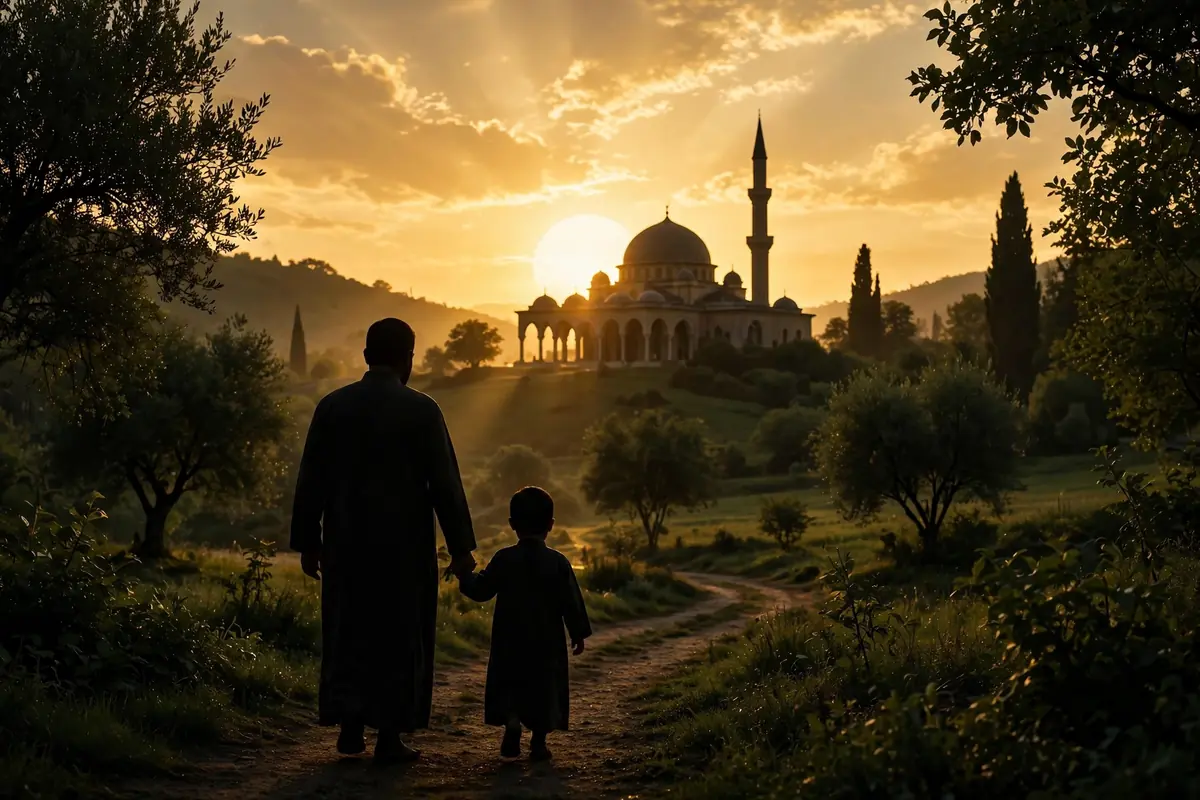 Father and child silhouettes walking toward a mosque at sunset