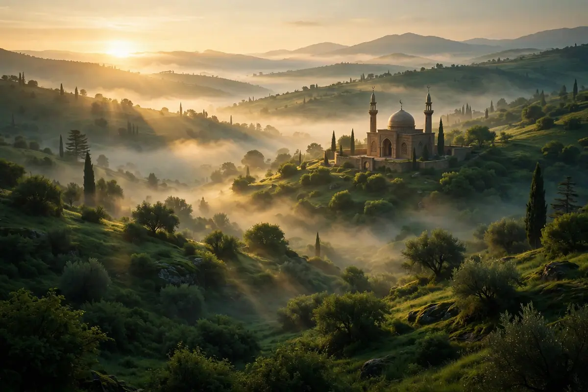 Sunrise over a misty green valley