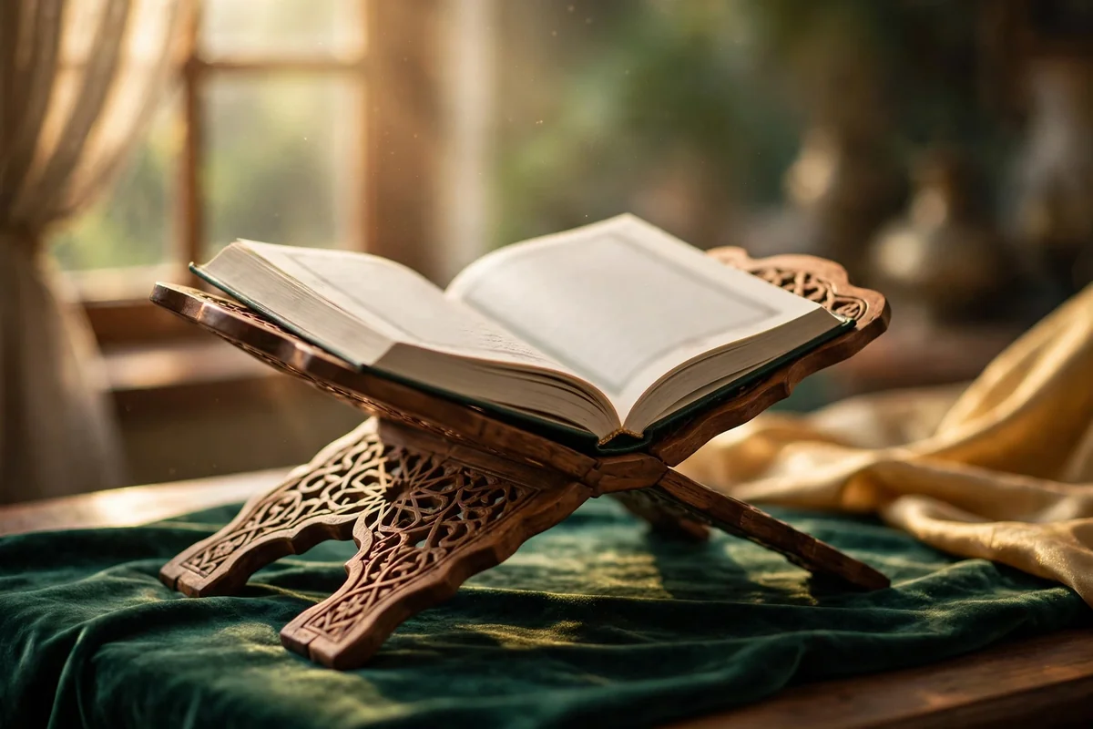 Open Quran on a wooden rehal stand in soft light