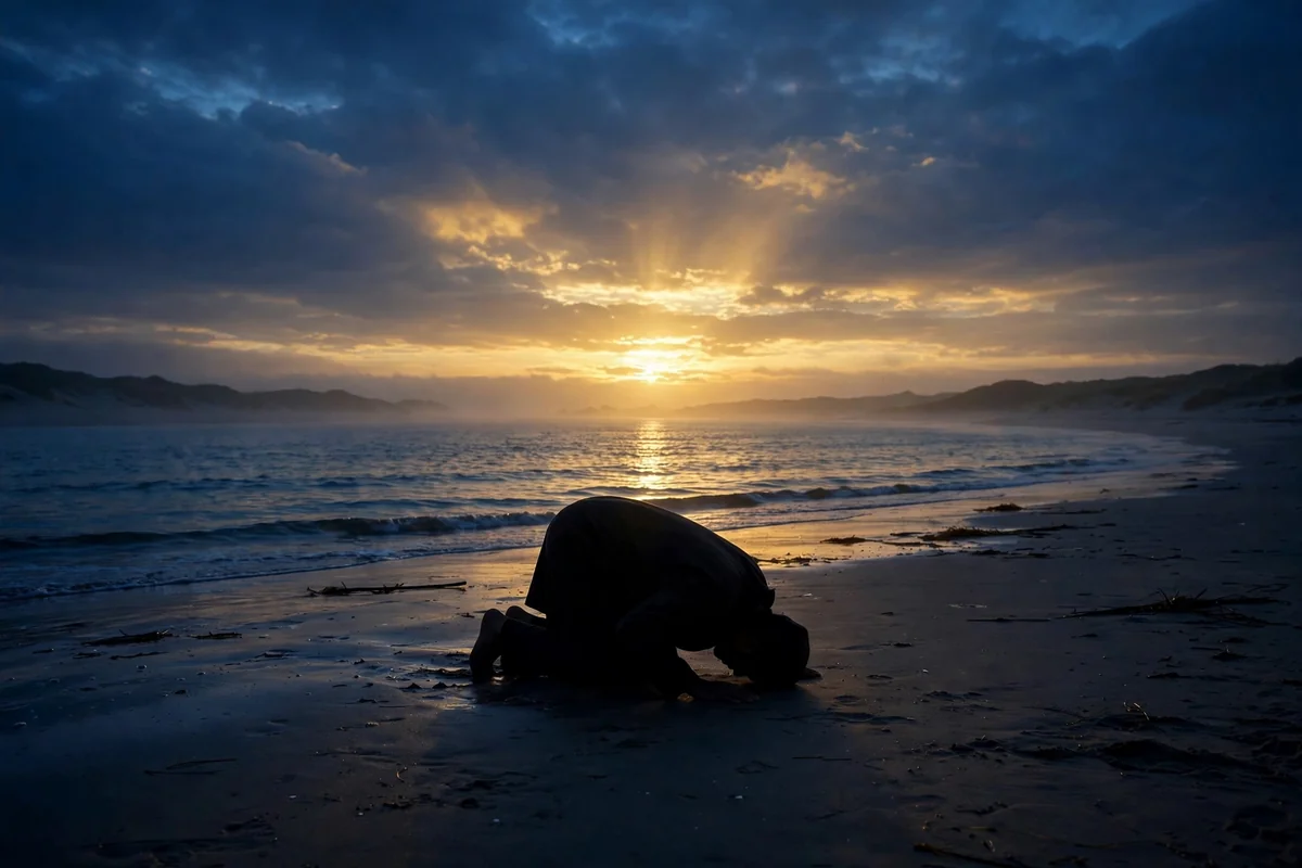 Lone figure in sujood on a quiet beach at dawn