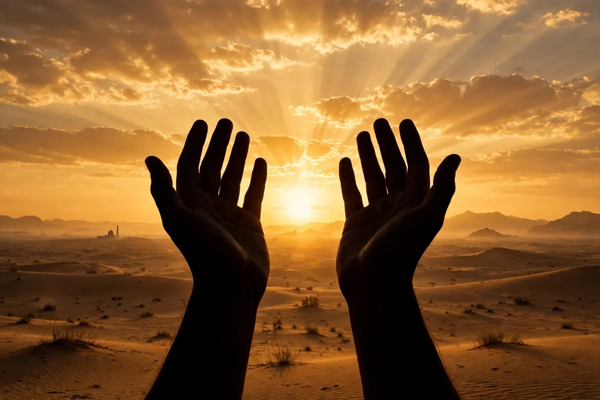 Open hands raised in a desert at golden hour