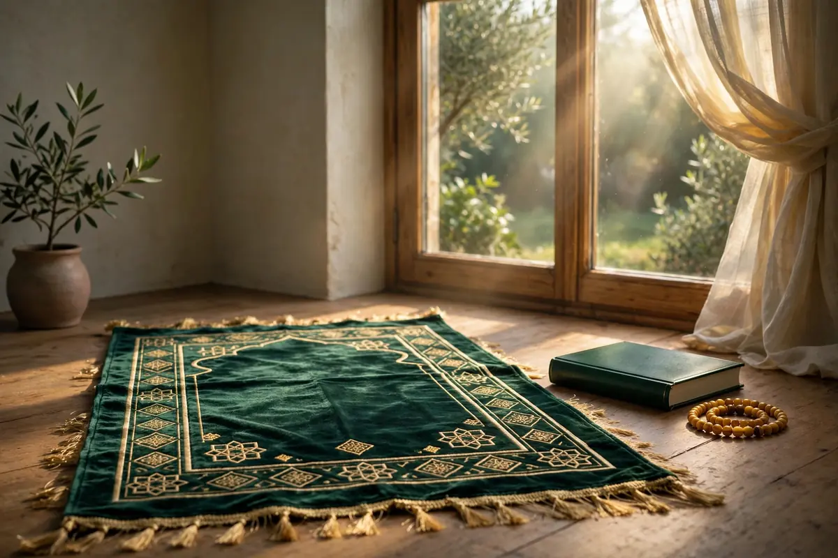 Prayer mat with Quran beside a sunlit window