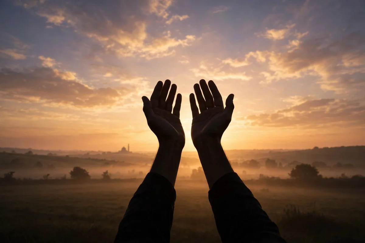 Open hands raised in repentance against a dawn sky
