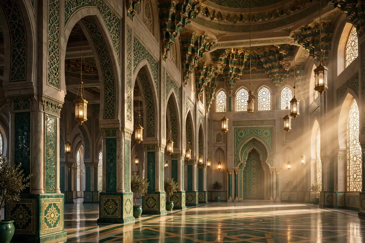 Grand mosque interior with arches and hanging lamps