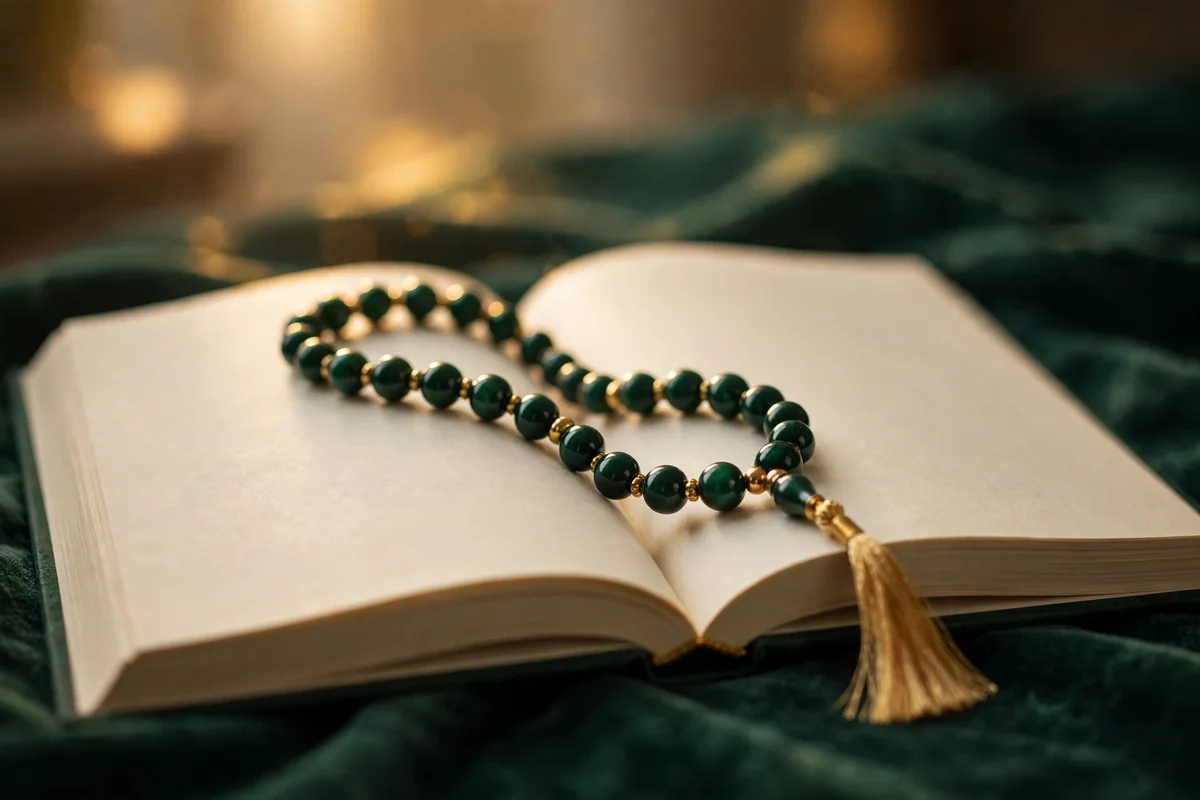 Tasbih prayer beads resting on an open Quran
