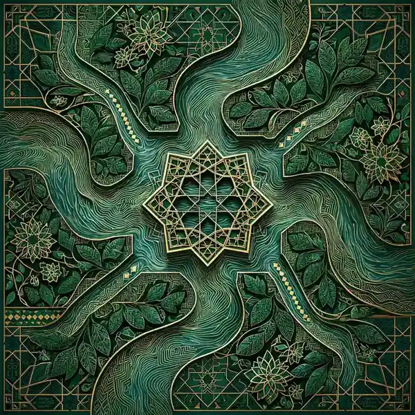 Abstract lush paradise garden with Islamic geometric patterns in emerald and gold