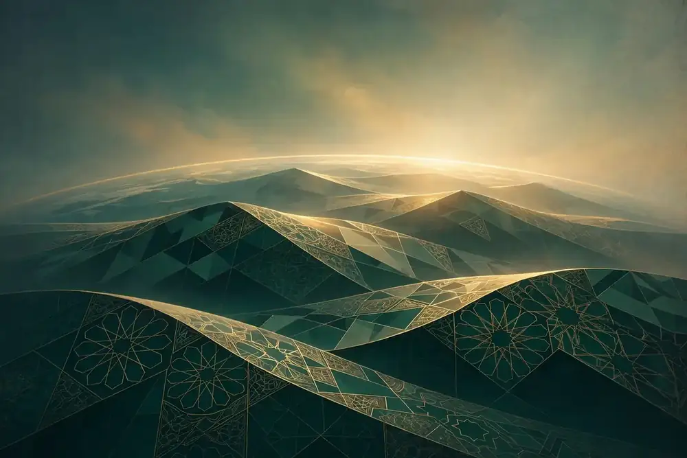 Abstract desert earth at dawn with soft light breaking over geometric dunes