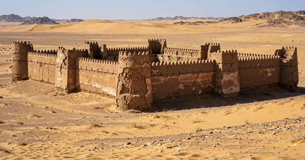 Ancient mud-brick fortress walls standing in the open desert