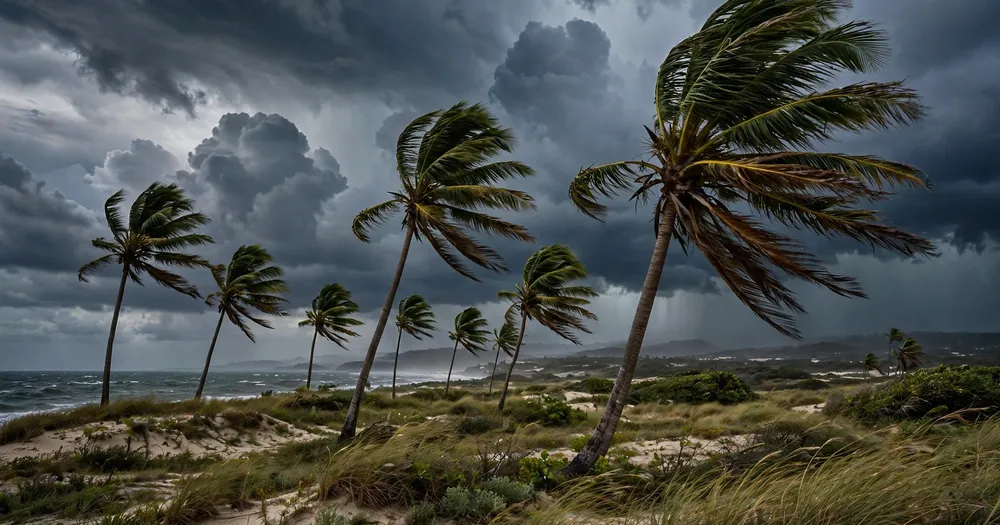 Palm trees bending in a strong wind under dark storm clouds