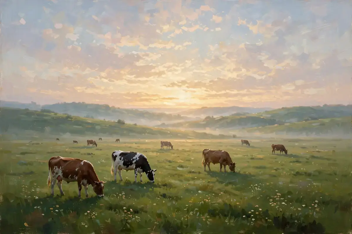 Cattle grazing under a vast open sky at dawn, symbolizing Surah Al-Anam