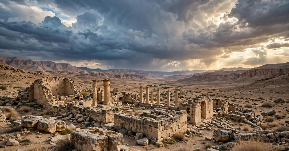 Ancient stone ruins in a desert valley under a wide sky, remains of nations long past