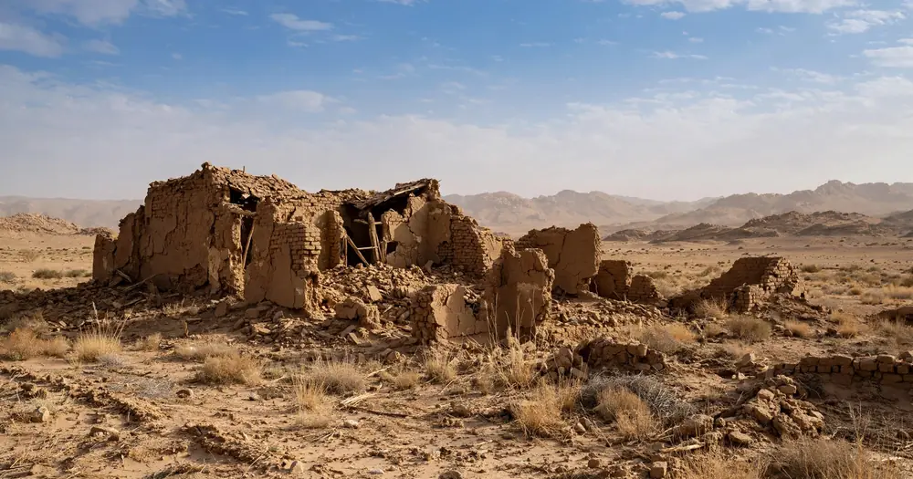 An ancient mud-brick house in ruins under a wide desert sky