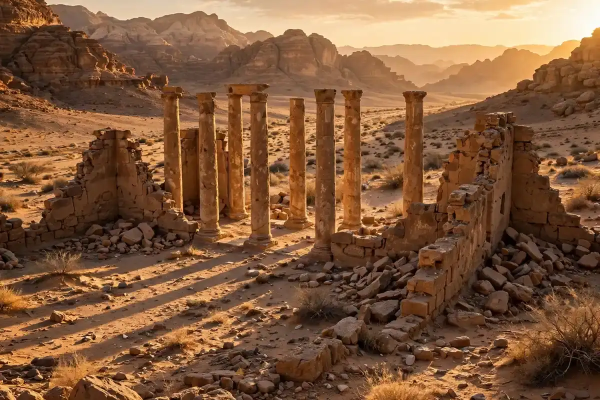 Ancient stone ruins in a desert valley at golden hour