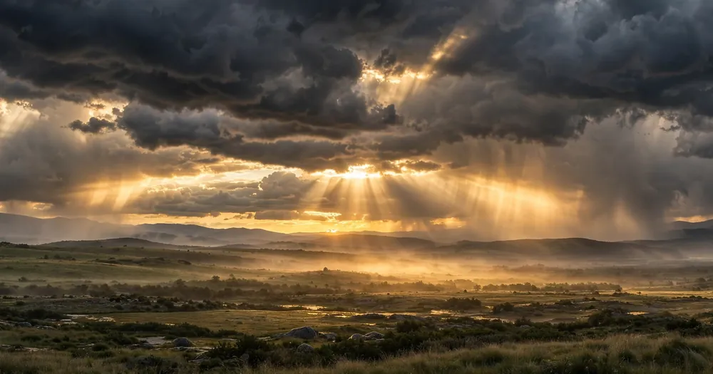 Dark clouds with rays of light breaking through at sunrise