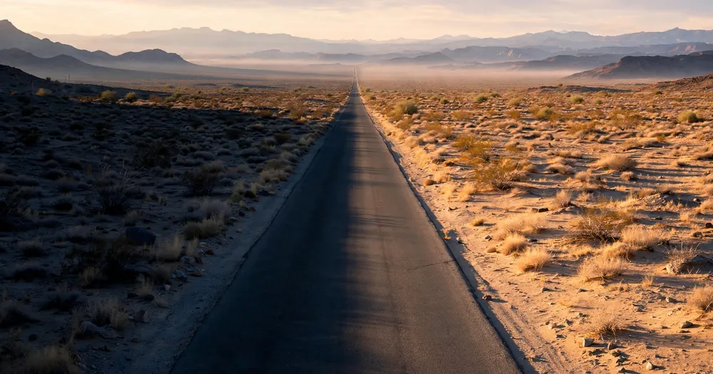 A straight desert road at dawn, dividing light from shadow