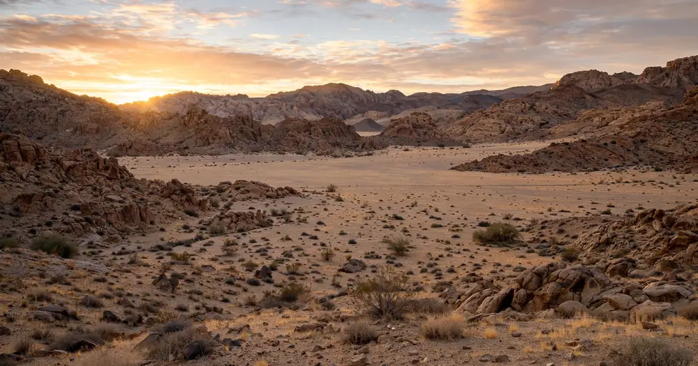 Sunrise over the rocky hills around the plain of Arafat