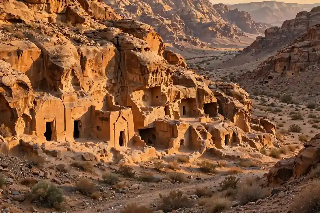 Ancient rock-carved dwellings in a desert mountain valley