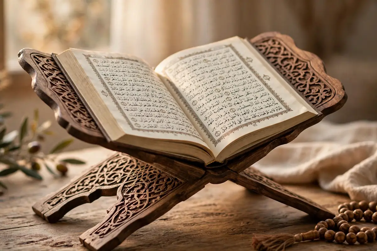 Open Quran on a wooden rehal with soft light