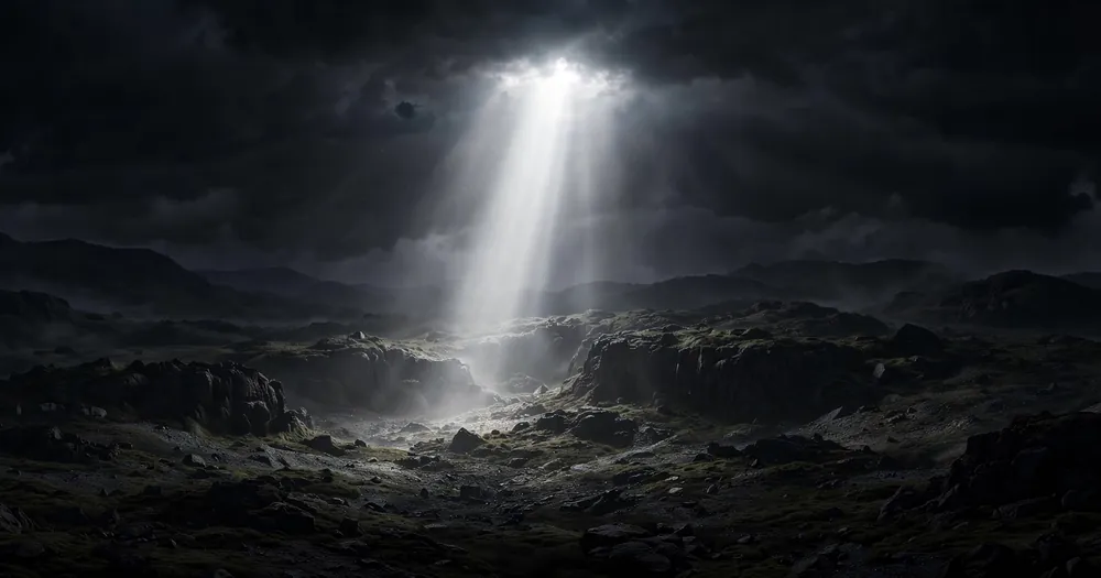 A single beam of pure light breaking through darkness