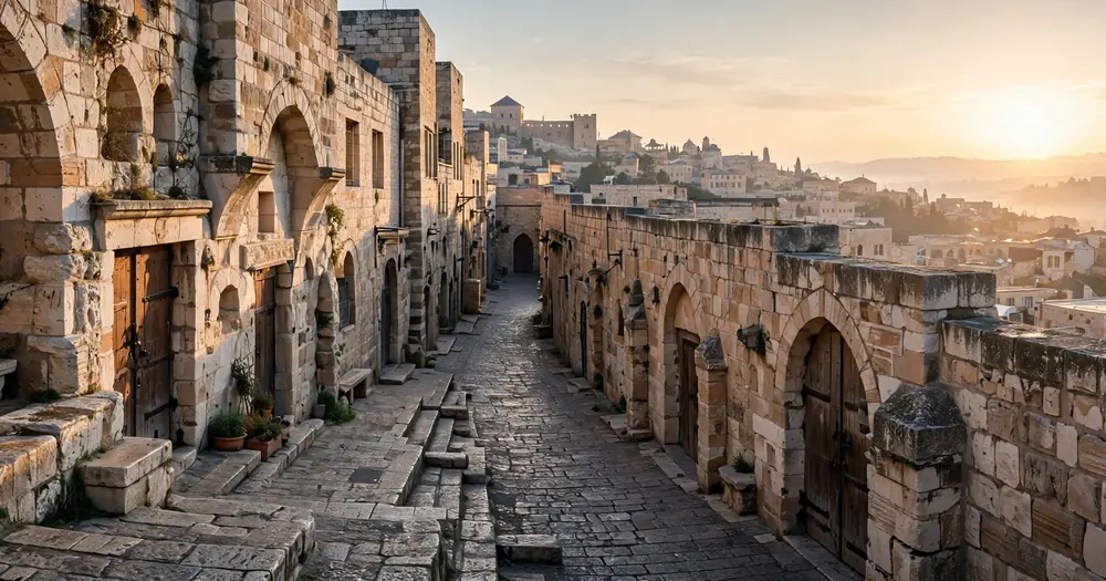 An old stone alley in Jerusalem at dawn