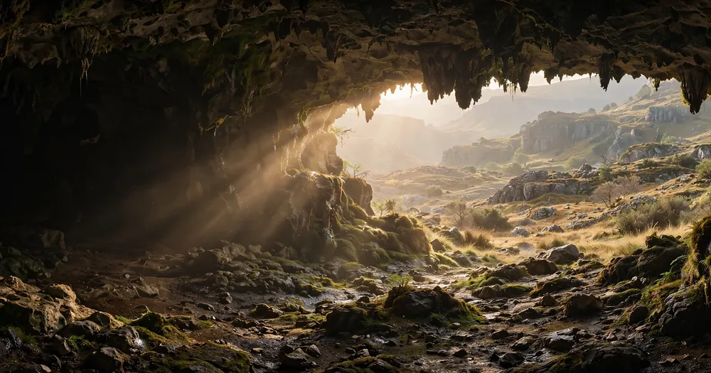 Ancient cave entrance with light streaming through the darkness