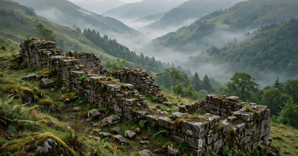 Old stone wall ruins in green mountains, like the wall of Dhul-Qarnayn