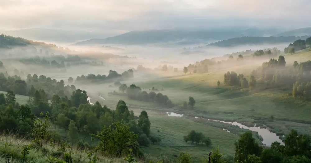 Soft morning light through mist over a quiet green valley