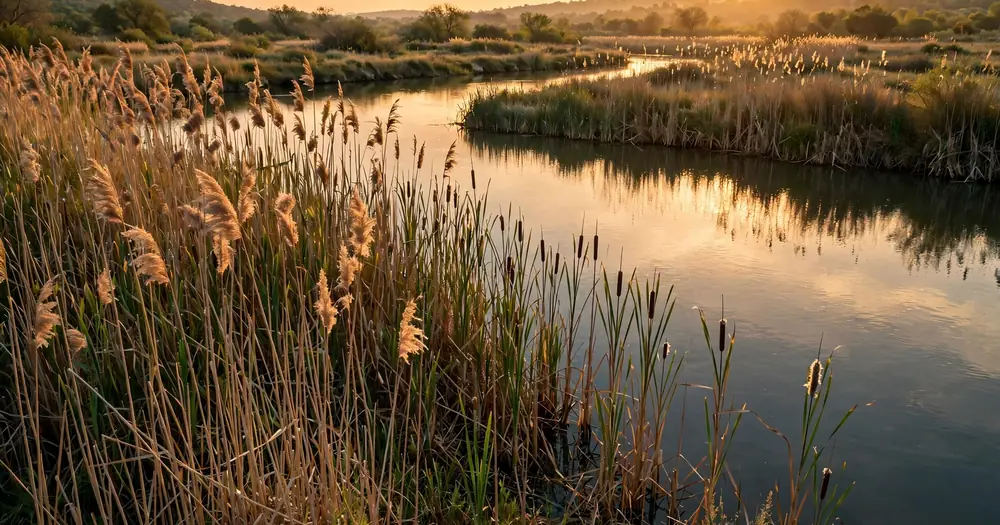 A quiet river bank with tall reeds at golden hour