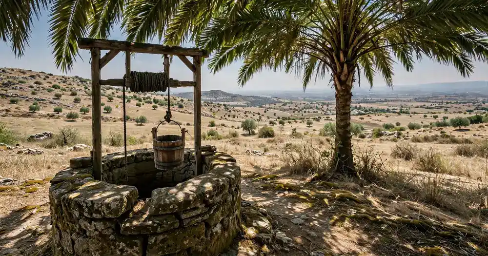 An old stone well with a rope and bucket in the shade of a palm tree