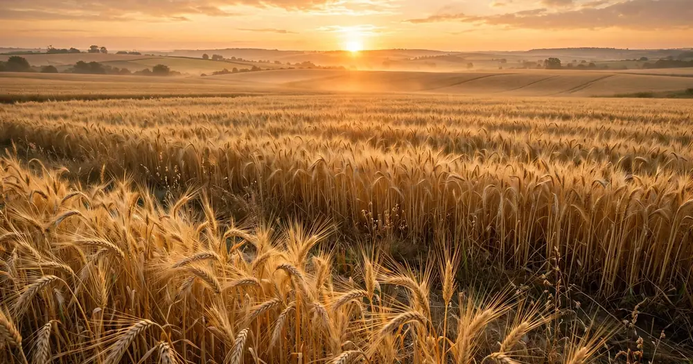 Golden wheat field at sunrise, provision from the Lord of the worlds