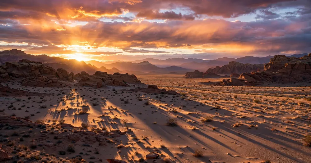 Dramatic sunrise over a quiet desert landscape