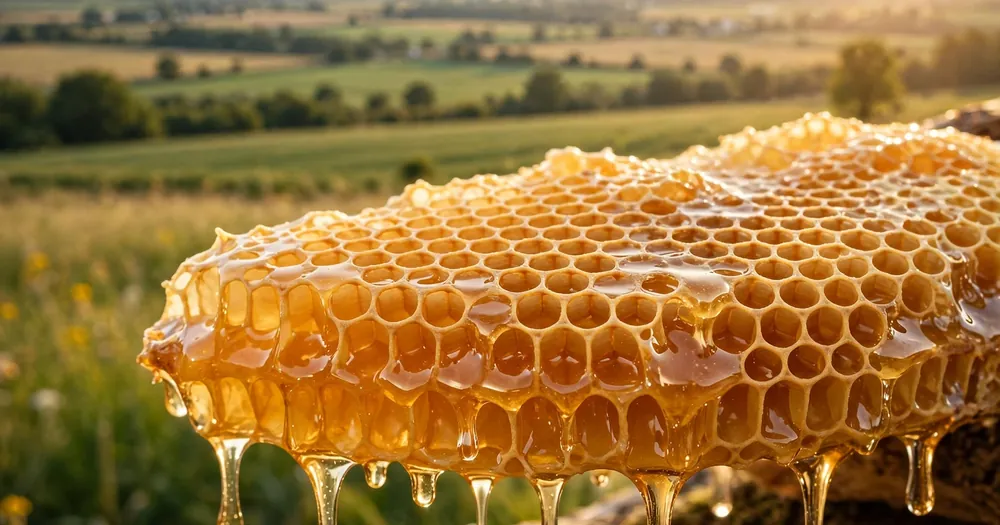 Golden honeycomb with flowing honey, the gift of the bee described in the surah