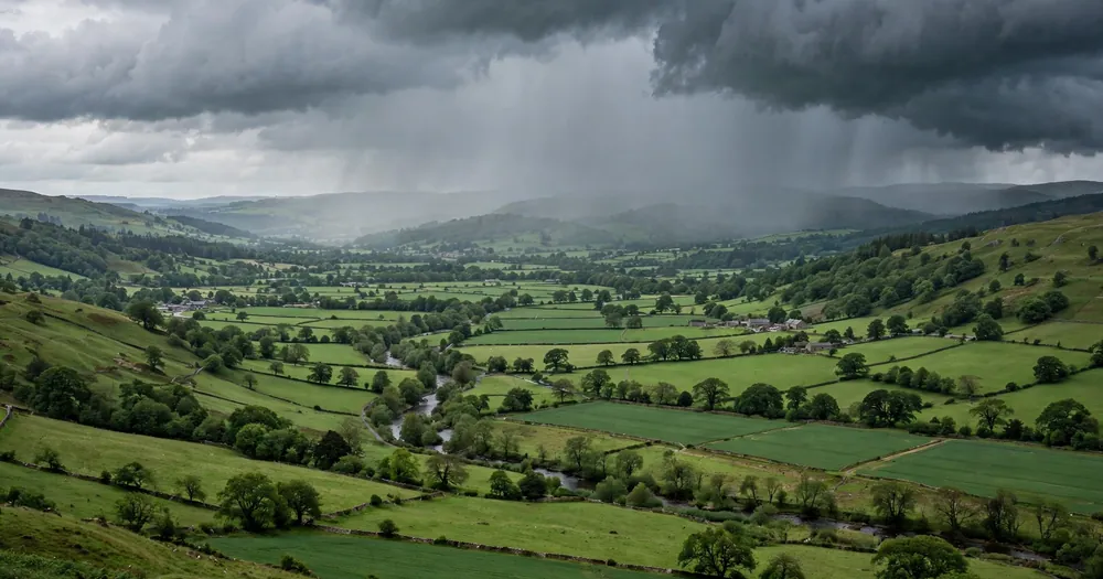 Rain clouds gathering over green farmland, reviving the dead land