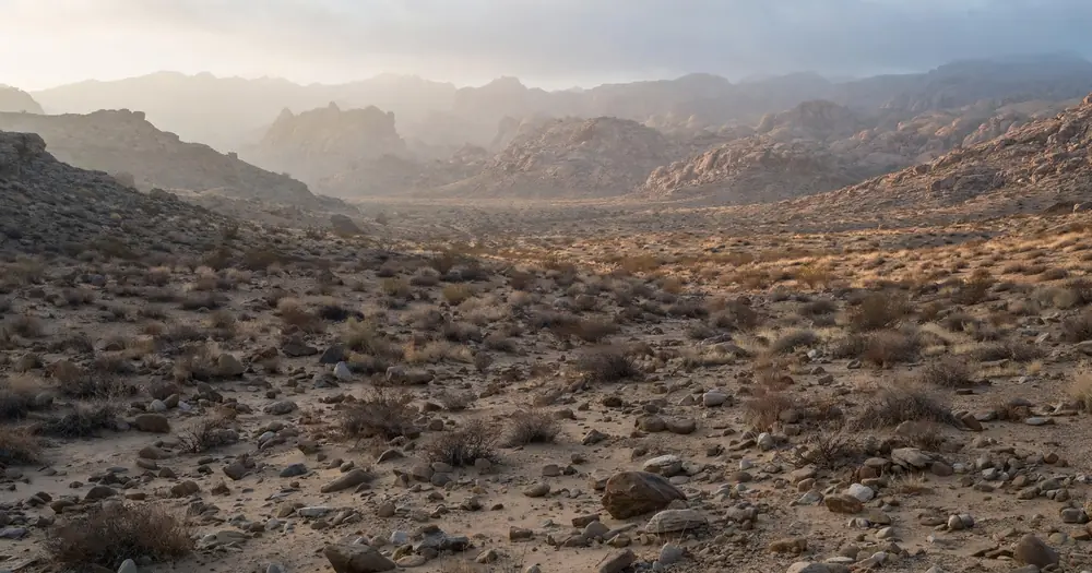 A quiet desert valley with scattered stones and soft morning light