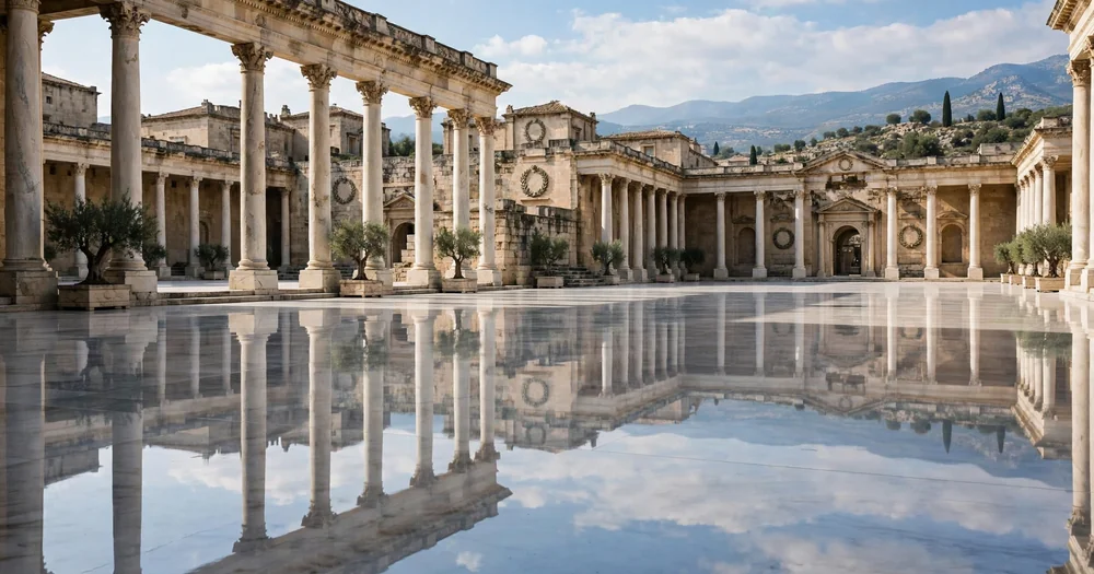 A grand ancient palace courtyard with polished marble floors reflecting the sky