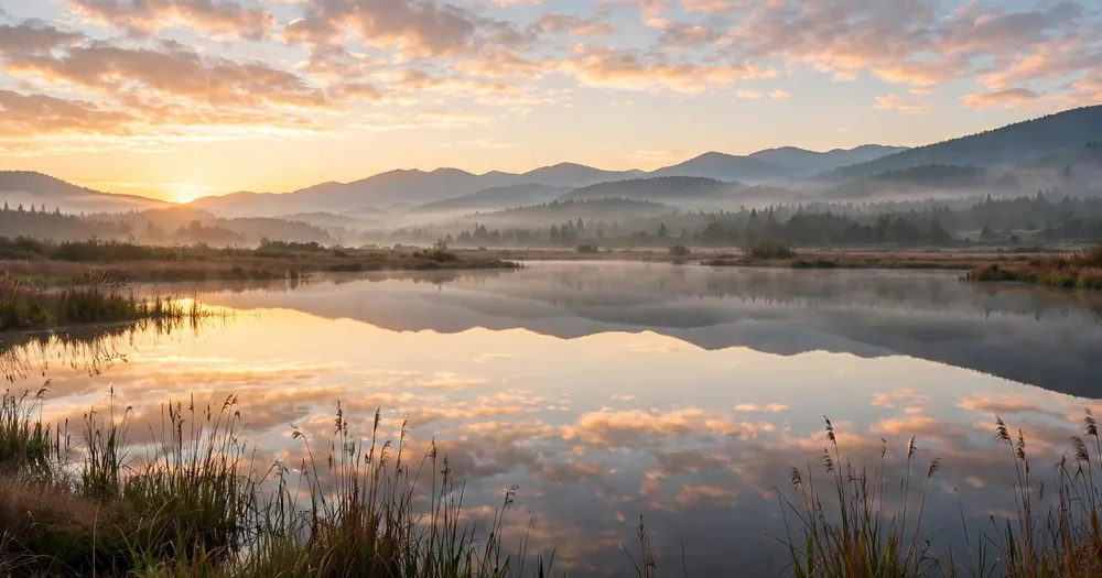 Peaceful sunrise over still water, a heart at rest