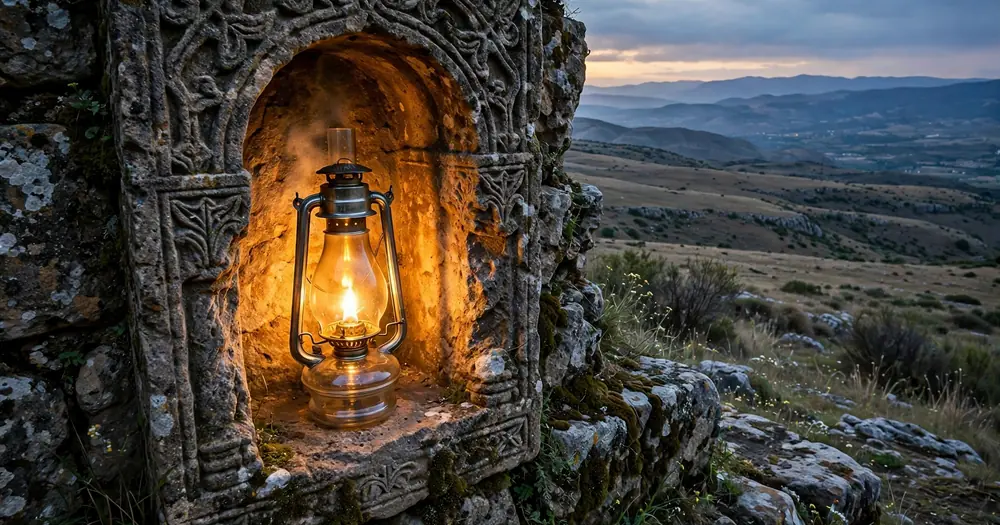 A glass lamp glowing within a stone niche, the image of the Verse of Light