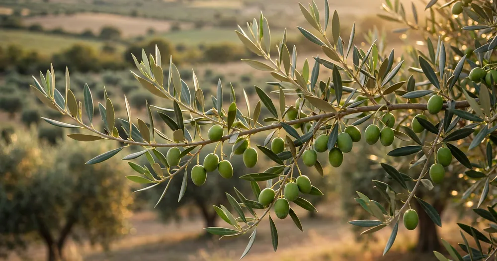 An olive branch with green olives backlit by soft sunlight