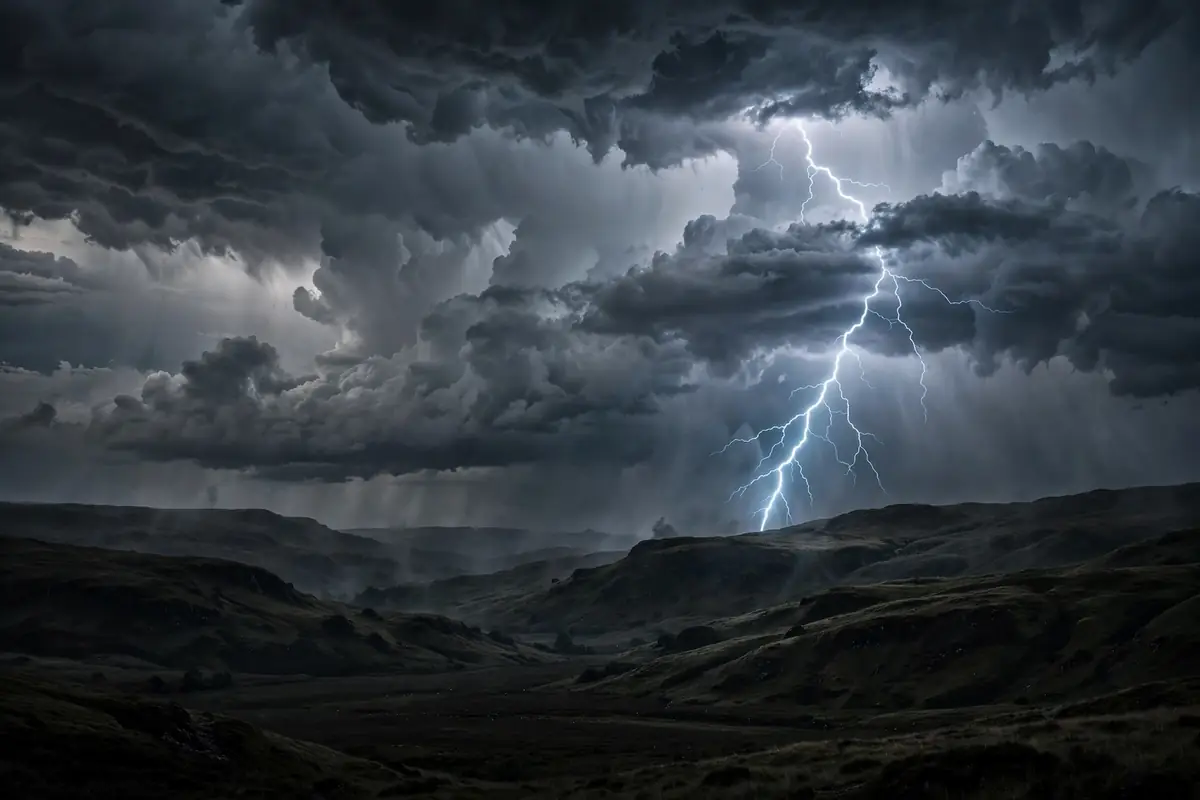 Dramatic thunderstorm clouds with lightning over dark hills