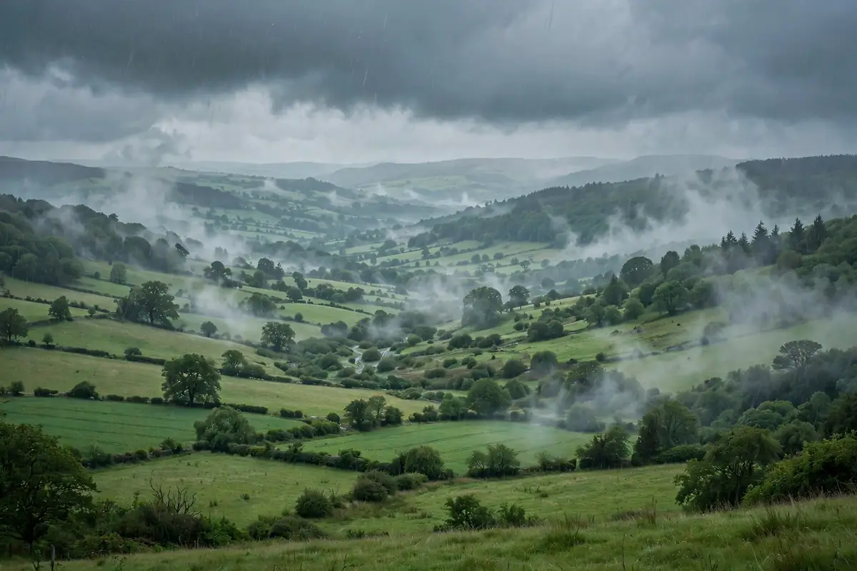 Rain falling over green valleys and fields from dark clouds