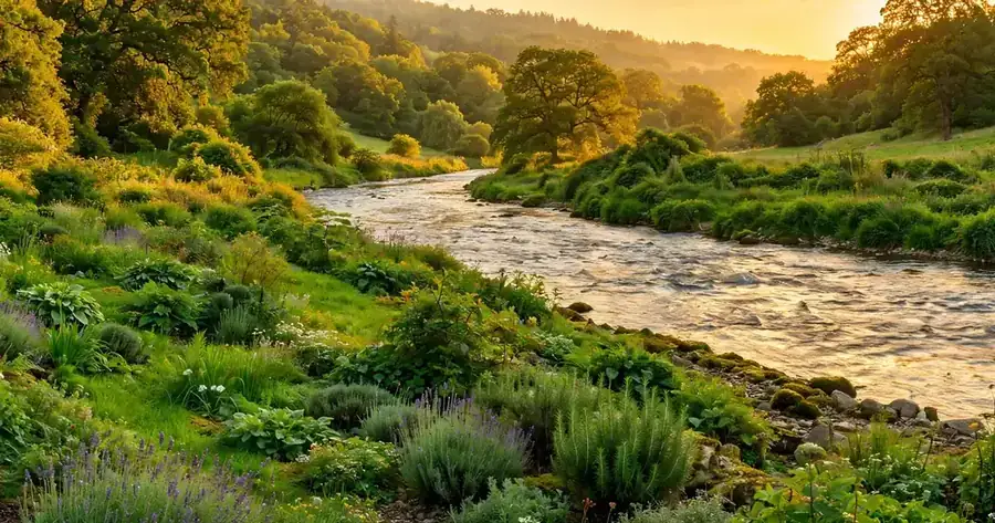 Lush garden with a flowing river at golden hour, like the gardens of Ar-Rahman