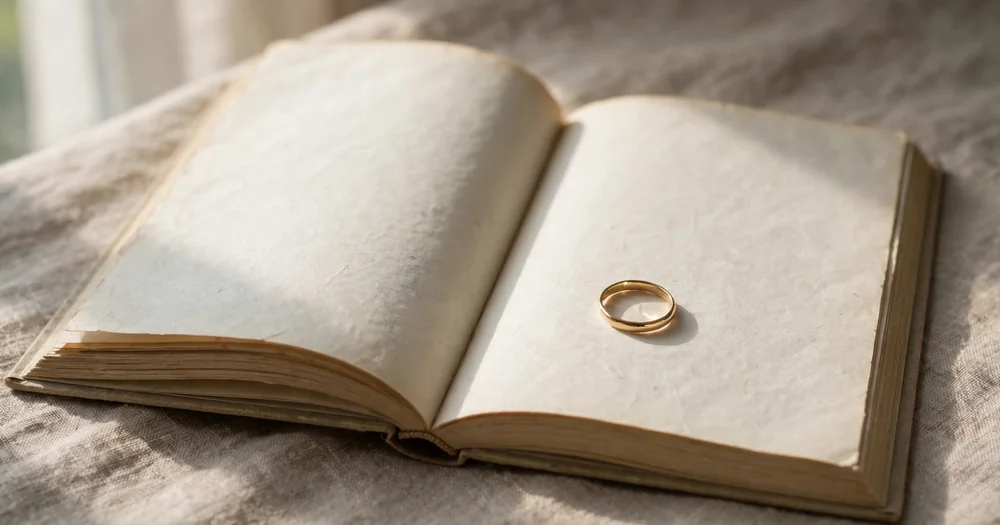 A simple wedding ring resting on an open book in soft window light