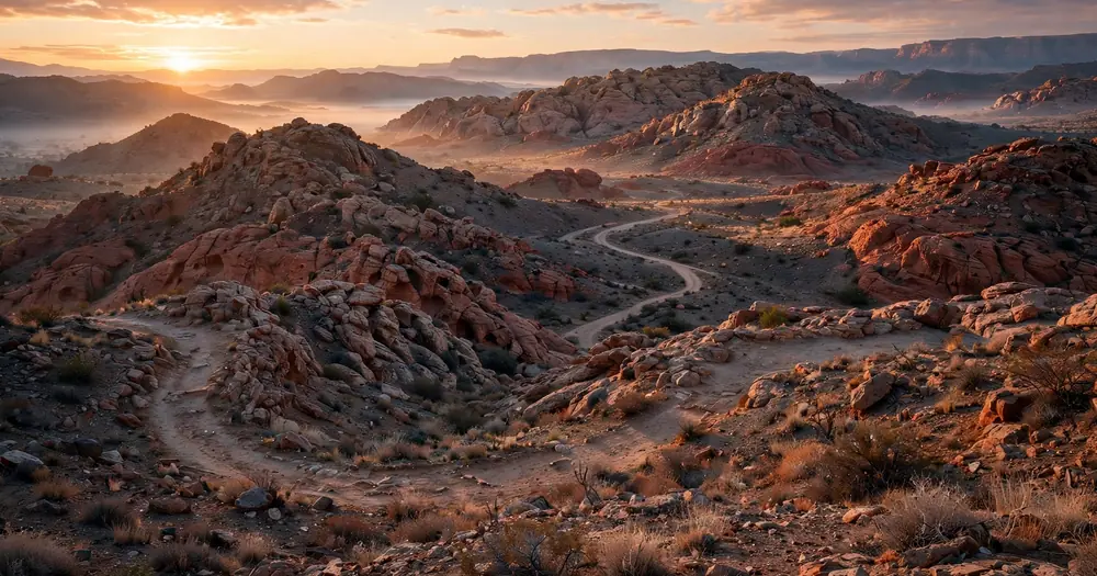 Rocky desert hills at sunrise with a winding path through them